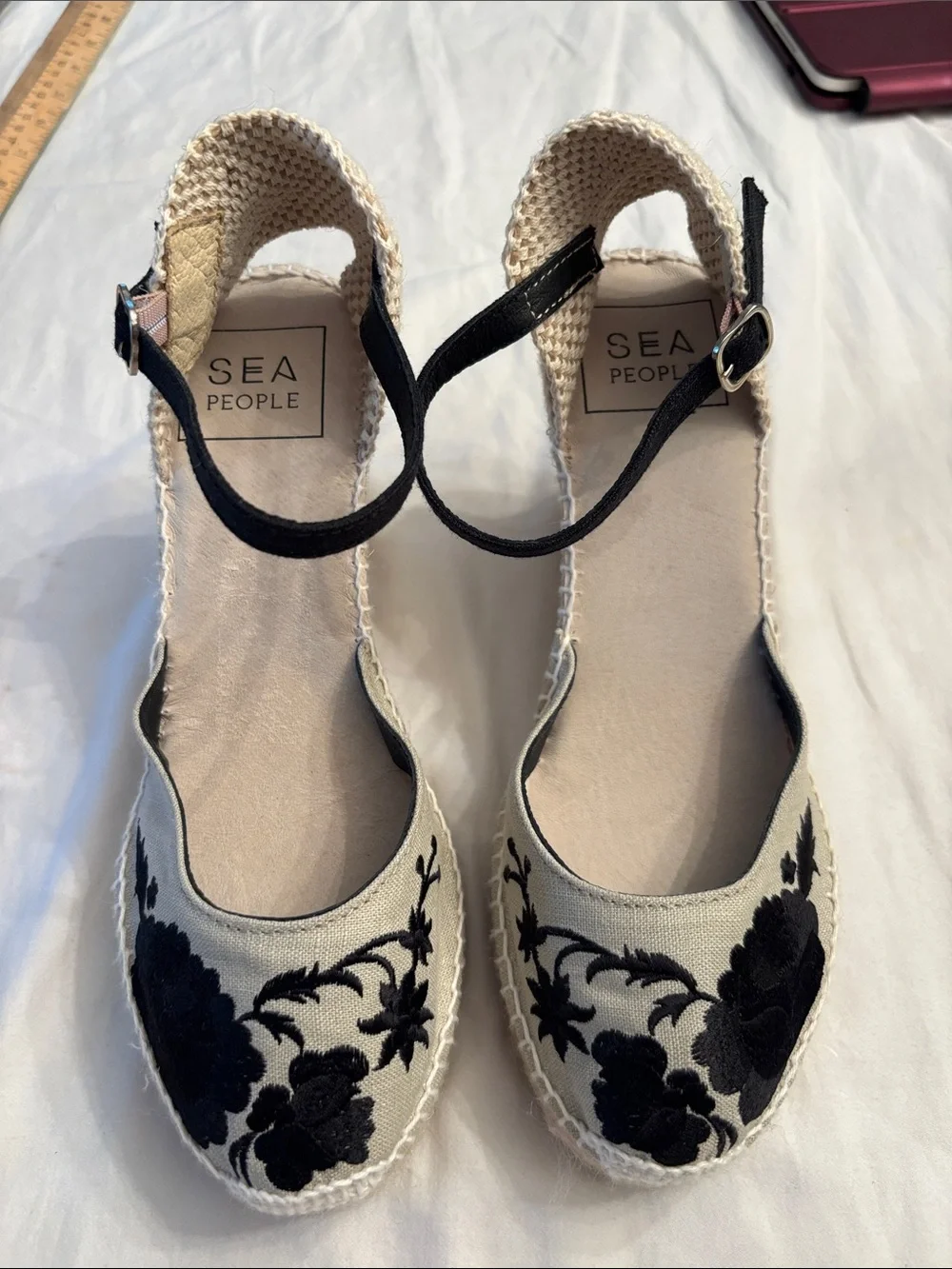Sea People Black Floral Espadrille Ankle-Strap Flats, SZ 8.5 NWOT
